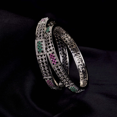 Opal Touch Brass Cubic Zirconia Rhodium Bangle Set(Pack of 2)