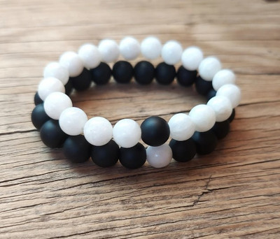 P R Production Stone Beads Black Silver Bracelet Set(Pack of 2)