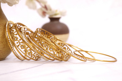 navjai Metal, Alloy Cubic Zirconia, Crystal, Rhinestone, Zircon Gold-plated Bangle Set(Pack of 14)
