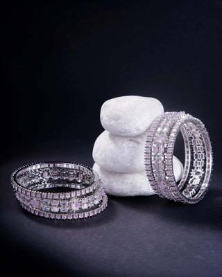 Opal Touch Brass Cubic Zirconia Rhodium Bangle Set(Pack of 6)