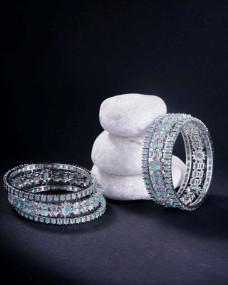 Opal Touch Brass Cubic Zirconia Rhodium Bangle Set(Pack of 6)