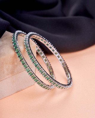 Opal Touch Brass Cubic Zirconia Rhodium Bangle Set(Pack of 2)