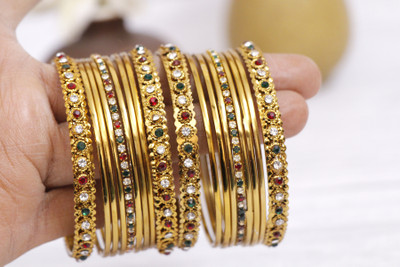 Balasundri Metal Cubic Zirconia Gold-plated Bangle Set(Pack of 18)