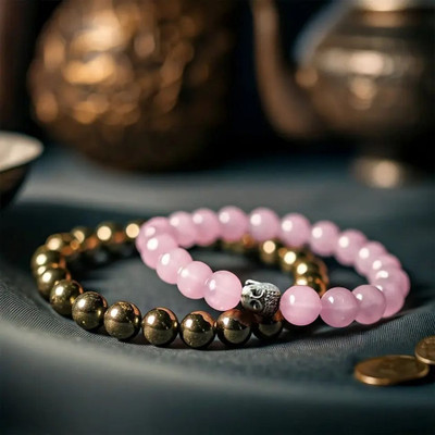 Agatesvibe Rose Quartz, Golden Pyrite, Crystal Beads, Agate Bracelet(Pack of 2)