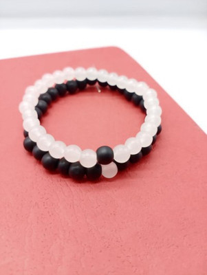 P R Production Stone Beads Black Silver Bracelet Set(Pack of 2)