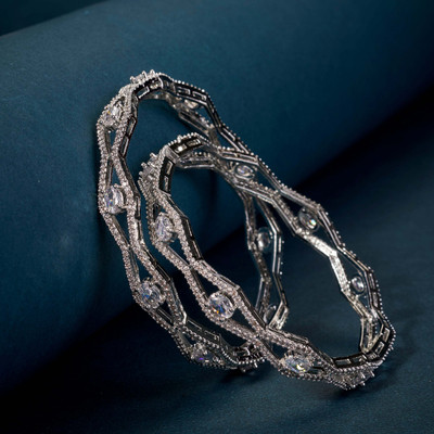 Opal Touch Brass Cubic Zirconia Rhodium Bangle Set(Pack of 2)