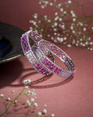 Opal Touch Brass Cubic Zirconia Rhodium Bangle Set(Pack of 2)
