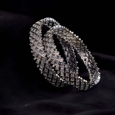 Opal Touch Brass Cubic Zirconia Rhodium Bangle Set(Pack of 2)