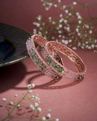 Opal Touch Brass Cubic Zirconia Gold-plated Bangle Set(Pack of 2)