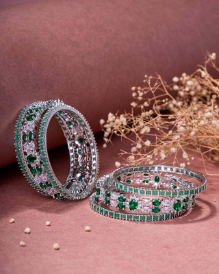 Opal Touch Brass Cubic Zirconia Rhodium Bangle Set(Pack of 6)