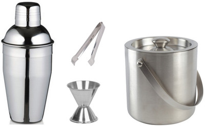 Dynore 4 piece Bar set (Medium) - Cocktail shaker, Ice Tong, Ice bucket and Peg measure 4 - Piece Bar Set(Stainless Steel)