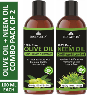 Bon Austin Premium Olive Oil & Neem Oil - Cold Pressed & Unrefined Combo pack of 2 bottles of 100 ml(200 ml)(200 ml)