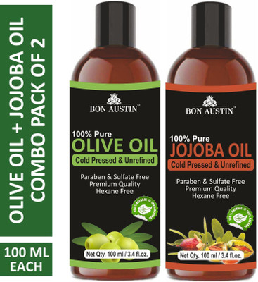 Bon Austin Premium Olive Oil & Jojoba Oil - Cold Pressed & Unrefined Combo pack of 2 bottles of 100 ml(200 ml)(200 ml)