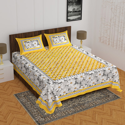 Indian Royal Fashion Cotton Double Flat 144 TC Printed Bedsheet(Pack of 1, Yellow)