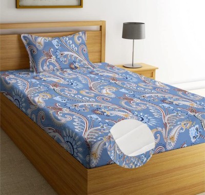 Rvans Creations 210 TC Cotton Single Floral Fitted (Elastic) Bedsheet(Pack of 1, Blue)