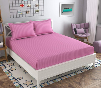 TURIYA 180 TC Microfiber Double Striped Fitted (Elastic) Bedsheet(Pack of 1, Pink)