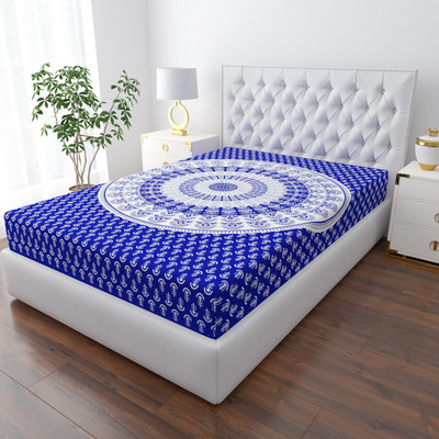 COZYKO Cotton Double Flat 144 TC Jaipuri Prints Bedsheet(Pack of 1, Blue)