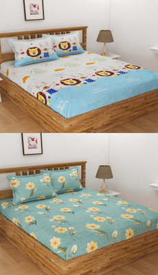 Panipat Textile Hub 140 TC Cotton Double 3D Printed Flat Bedsheet(Pack of 2, Multicolor1)