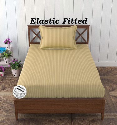 HOMYBEES 300 TC Cotton Single Striped Fitted (Elastic) Bedsheet(Pack of 1, Beige)