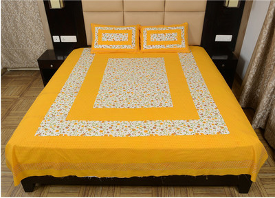 Bright Cotton Cotton Double Printed Flat Bedsheet(Pack of 1, Yellow&White)
