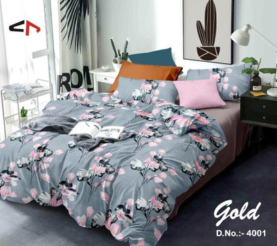220 TC Microfiber Double Floral Bedsheet(Pack of 1, Grey , Pink)