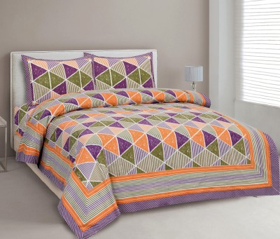 CLOTHOLOGY 240 TC Cotton King Jaipuri Prints Flat Bedsheet(Pack of 1, Orange, Green, Purple)