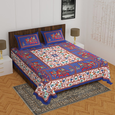E ELMA Cotton Double Flat 144 TC Printed Bedsheet(Pack of 1, Blue)