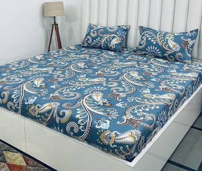 AVINYA 210 TC Cotton Double Checkered Fitted (Elastic) Bedsheet(Pack of 1, Blue)