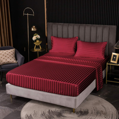 TURIYA Microfiber Double Fitted (Elastic) 180 TC Striped Bedsheet(Pack of 1, Red)