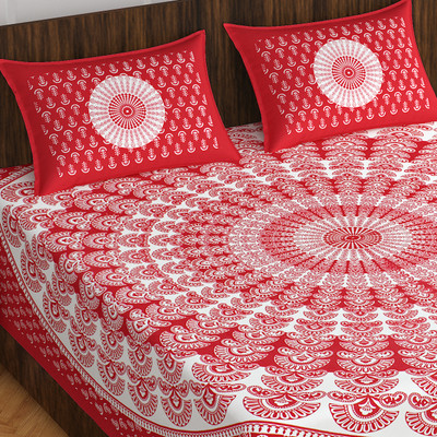 Leo Creation 144 TC Cotton Double Jaipuri Prints Flat Bedsheet(Pack of 1, Red, White)