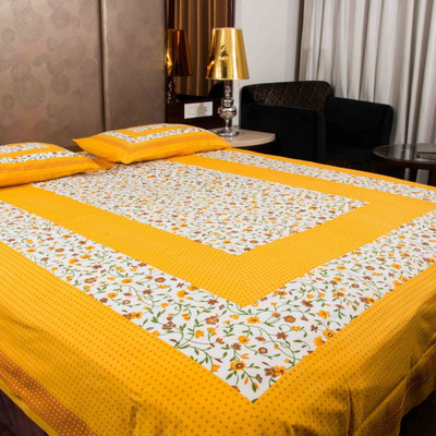 Leo Creation 144 TC Cotton Double Jaipuri Prints Flat Bedsheet(Pack of 1, Yellow, Green, Beige, Brown, Orange)