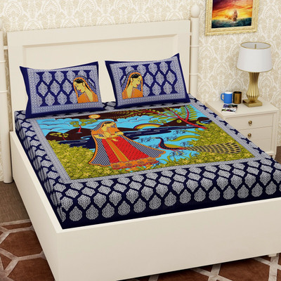 PETROSOLY 144 TC Cotton Queen Jaipuri Prints Flat Bedsheet(Pack of 1, Blue)