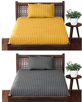 AkiN 220 TC Cotton Single Striped Flat Bedsheet(Pack of 2, Yellow, Grey)