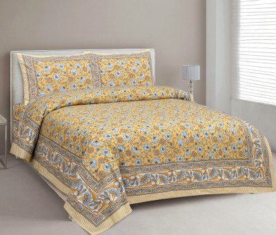 CLOTHOLOGY 240 TC Cotton King Jaipuri Prints Flat Bedsheet(Pack of 1, Yellow, Brown, Blue)