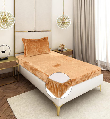 BM Decor Velvet Single Fitted (Elastic) 300 TC Solid Bedsheet(Pack of 1, Beige)