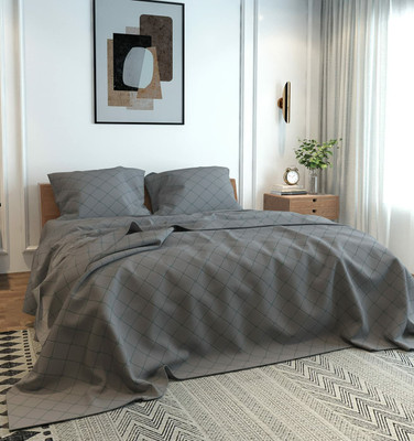 TURIYA 180 TC Microfiber Double Checkered Flat Bedsheet(Pack of 1, Grey)