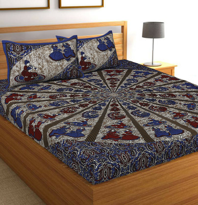JENSID INDUSTRIES 144 TC Cotton Queen Jaipuri Prints Flat Bedsheet(Pack of 1, Blue)