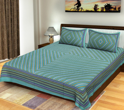 E ELMA Cotton Double Flat 250 TC Jaipuri Prints Bedsheet(Pack of 1, Green)