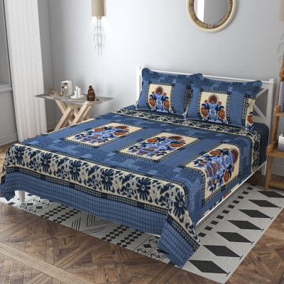 VA Creations Woolen Double Flat 250 TC Floral Bedsheet(Pack of 1, Blue)