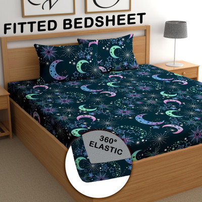 CG Homes 210 TC Microfiber King Printed Fitted (Elastic) Bedsheet(Pack of 1, Navy)