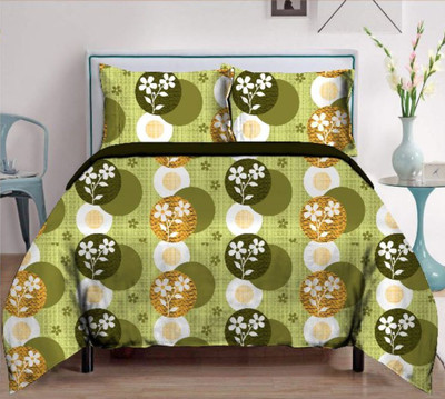Blossoms Cotton Queen Flat 144 TC Printed Bedsheet(Pack of 1, Olive Green & White)