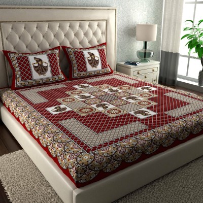 CLOTHOLOGY 144 TC Cotton Double Printed Flat Bedsheet(Pack of 1, Red, White)