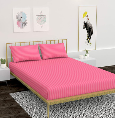 TURIYA 180 TC Microfiber Double Striped Fitted (Elastic) Bedsheet(Pack of 1, Carrot)