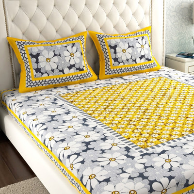 Leo Creation 144 TC Cotton Double Jaipuri Prints Flat Bedsheet(Pack of 1, Yellow, Grey)