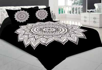 CLOTHOLOGY 240 TC Cotton King Jaipuri Prints Flat Bedsheet(Pack of 1, Black, White)