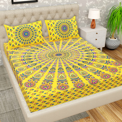 Cosito 144 TC Cotton Double Jaipuri Prints Flat Bedsheet(Pack of 1, Yellow)