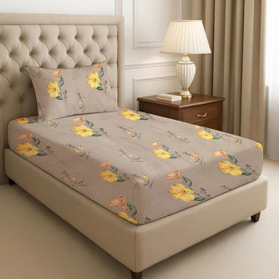 DBRUNO 144 TC Microfiber Single Floral Flat Bedsheet(Pack of 1, Orange Flower)