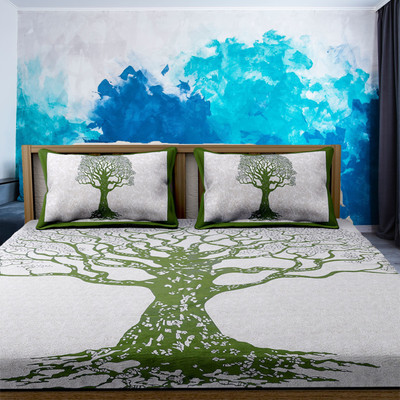 REVESHH Cotton Double Flat 212 TC Printed Bedsheet(Pack of 1, White, Green)