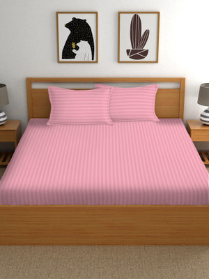 AANCHI Cotton Double Fitted (Elastic) 280 TC Striped Bedsheet(Pack of 1, Pink)
