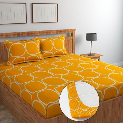 HOMYBEES 220 TC Cotton Double Abstract Fitted (Elastic) Bedsheet(Pack of 1, Multicolor, Yellow)